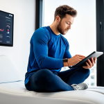 A professional male athlete in modest, modern athletic wear, seated calmly in a sleek, bright recovery lounge, attentively reviewing performance data on a large tablet and a smartwatch. The tablet screen displays various charts and graphs related to heart rate variability (HRV) and sleep stages. The athlete has a focused yet relaxed expression, demonstrating a data-driven approach to recovery. The room features minimalist design with natural light. safe for work, appropriate content, fully clothed, professional, perfect anatomy, correct proportions, natural pose, well-formed hands, proper finger count, natural body proportions, high quality, professional photography.