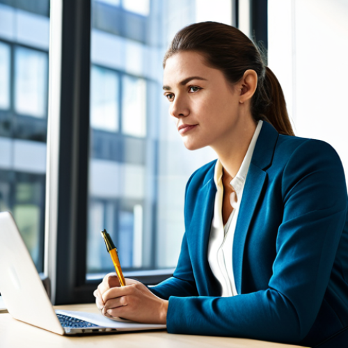 A professional businesswoman, fully clothed in a modest business casual outfit, sitting attentively at a clean desk in a brightly lit, modern office. She holds a pen, looking thoughtfully at her laptop screen, an expression of clarity and inspiration on her face. The background is a minimalist office space with large windows allowing natural light. safe for work, appropriate content, fully clothed, professional, perfect anatomy, correct proportions, natural pose, well-formed hands, proper finger count, natural body proportions, professional photography, high quality image.