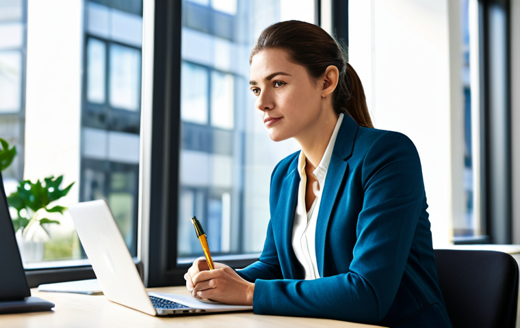 A professional businesswoman, fully clothed in a modest business casual outfit, sitting attentively at a clean desk in a brightly lit, modern office. She holds a pen, looking thoughtfully at her laptop screen, an expression of clarity and inspiration on her face. The background is a minimalist office space with large windows allowing natural light. safe for work, appropriate content, fully clothed, professional, perfect anatomy, correct proportions, natural pose, well-formed hands, proper finger count, natural body proportions, professional photography, high quality image.