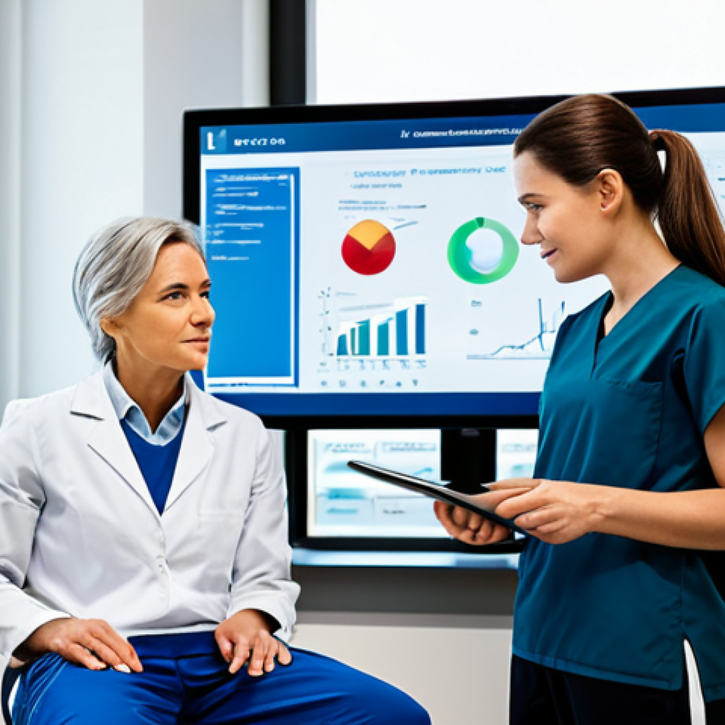 A professional woman in modest, comfortable athletic wear is engaged in a personalized health consultation. She is seated across from a professional sports rehabilitation therapist in a clean, modern clinic. On a large tablet screen positioned between them, various health data charts, heart rate graphs, and body composition analyses are clearly displayed. Both individuals are looking intently at the screen with expressions of focus and understanding, highlighting a scientific and data-driven approach to well-being. The background features a blurred, bright clinic interior with subtle, appropriate medical equipment. fully clothed, modest clothing, appropriate attire, professional dress, safe for work, appropriate content, professional, perfect anatomy, correct proportions, natural pose, well-formed hands, proper finger count, natural body proportions.
