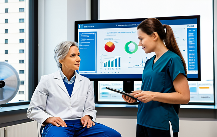 A professional woman in modest, comfortable athletic wear is engaged in a personalized health consultation. She is seated across from a professional sports rehabilitation therapist in a clean, modern clinic. On a large tablet screen positioned between them, various health data charts, heart rate graphs, and body composition analyses are clearly displayed. Both individuals are looking intently at the screen with expressions of focus and understanding, highlighting a scientific and data-driven approach to well-being. The background features a blurred, bright clinic interior with subtle, appropriate medical equipment. fully clothed, modest clothing, appropriate attire, professional dress, safe for work, appropriate content, professional, perfect anatomy, correct proportions, natural pose, well-formed hands, proper finger count, natural body proportions.