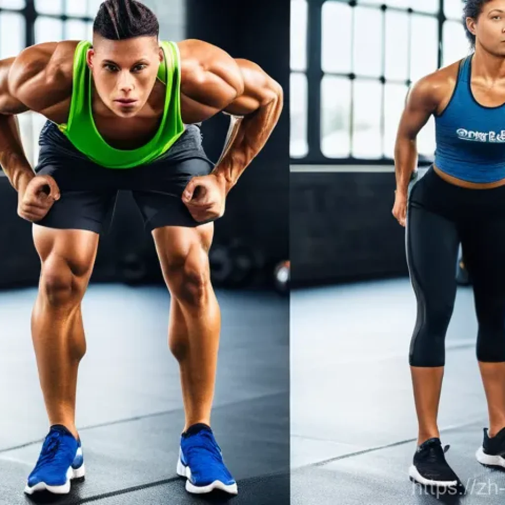 운동생리학 이론 - On the left, a muscular male athlete in modest athletic shorts and a fitted t-shirt is captured mid-...