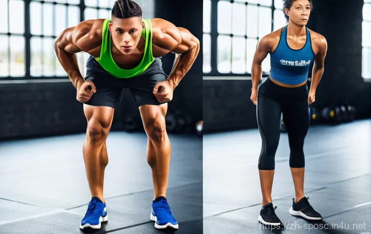 운동생리학 이론 - On the left, a muscular male athlete in modest athletic shorts and a fitted t-shirt is captured mid-...