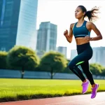 스포츠 공학 - The Enhanced Runner (향상된 러너)**
A vibrant, full-body shot of a female athlete in her late 20s, with a...