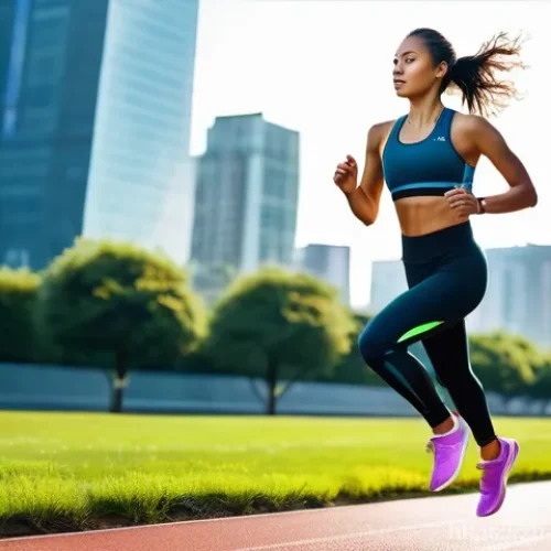 스포츠 공학 - The Enhanced Runner (향상된 러너)**
A vibrant, full-body shot of a female athlete in her late 20s, with a...