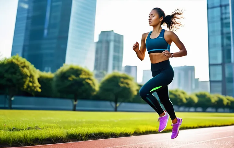 스포츠 공학 - The Enhanced Runner (향상된 러너)**
A vibrant, full-body shot of a female athlete in her late 20s, with a...