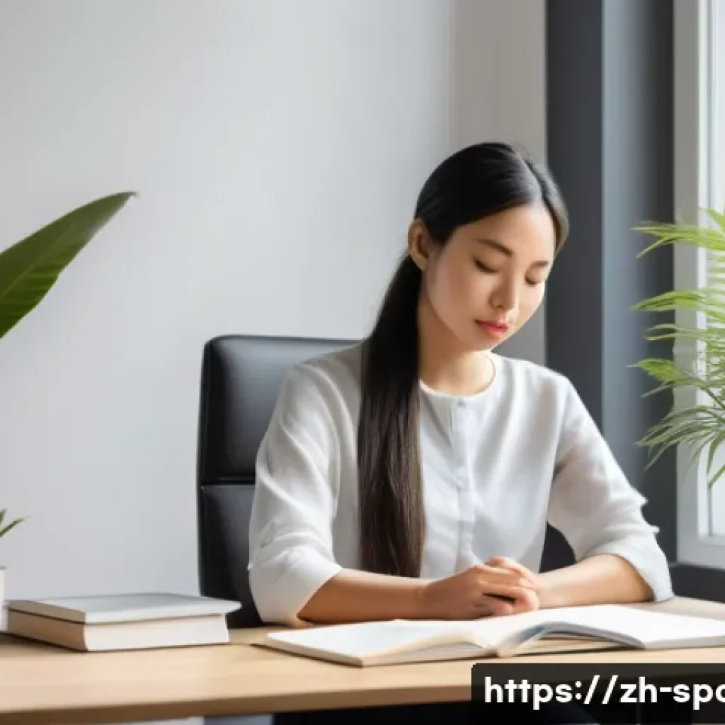 심리학적 접근 - A serene and modern office setting where a young Asian woman practices mindfulness meditation at her...