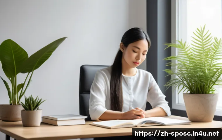 심리학적 접근 - A serene and modern office setting where a young Asian woman practices mindfulness meditation at her...