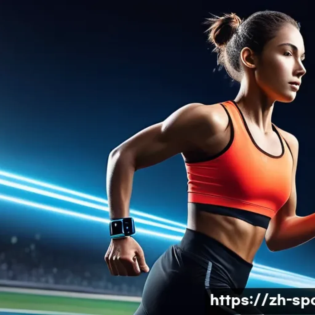 스포츠 과학의 발전 - A futuristic sports training scene featuring a young adult athlete wearing a high-tech smart wristba...