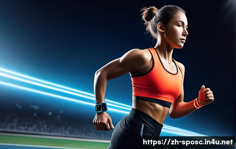 스포츠 과학의 발전 - A futuristic sports training scene featuring a young adult athlete wearing a high-tech smart wristba...