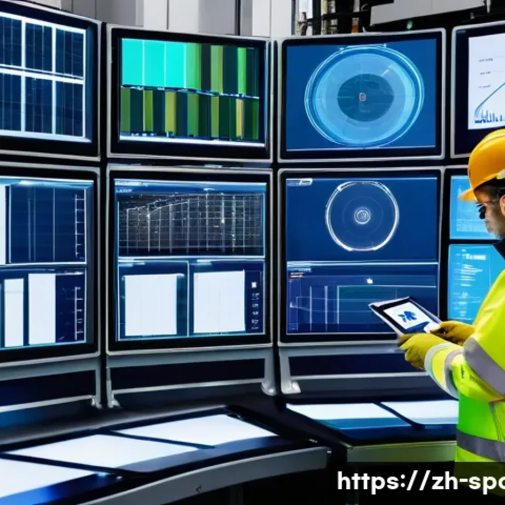 기계적 분석 - A high-tech industrial factory setting showcasing a wireless sensor network deployed on complex mech...
