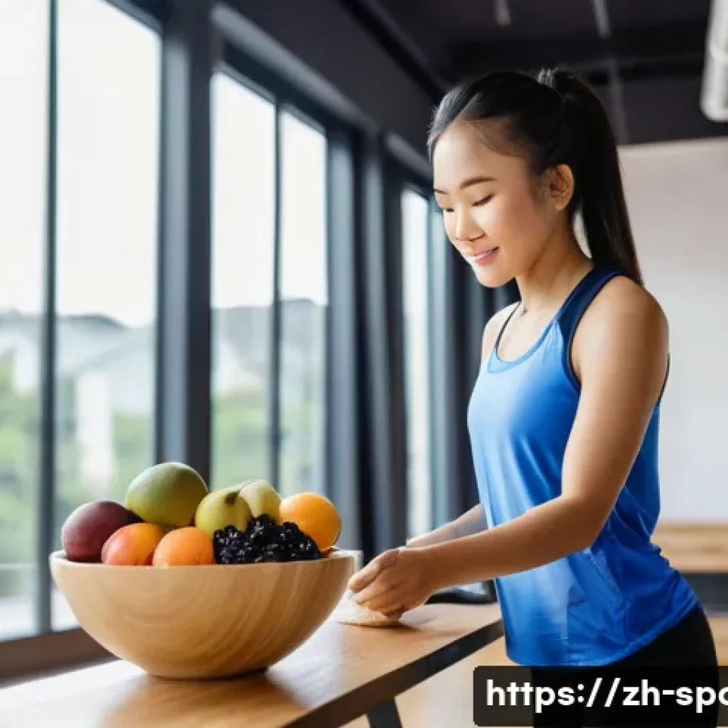 스포츠 영양 가이드라인 - A dynamic and vibrant scene of a young Chinese athlete preparing for a workout in a modern gym setti...