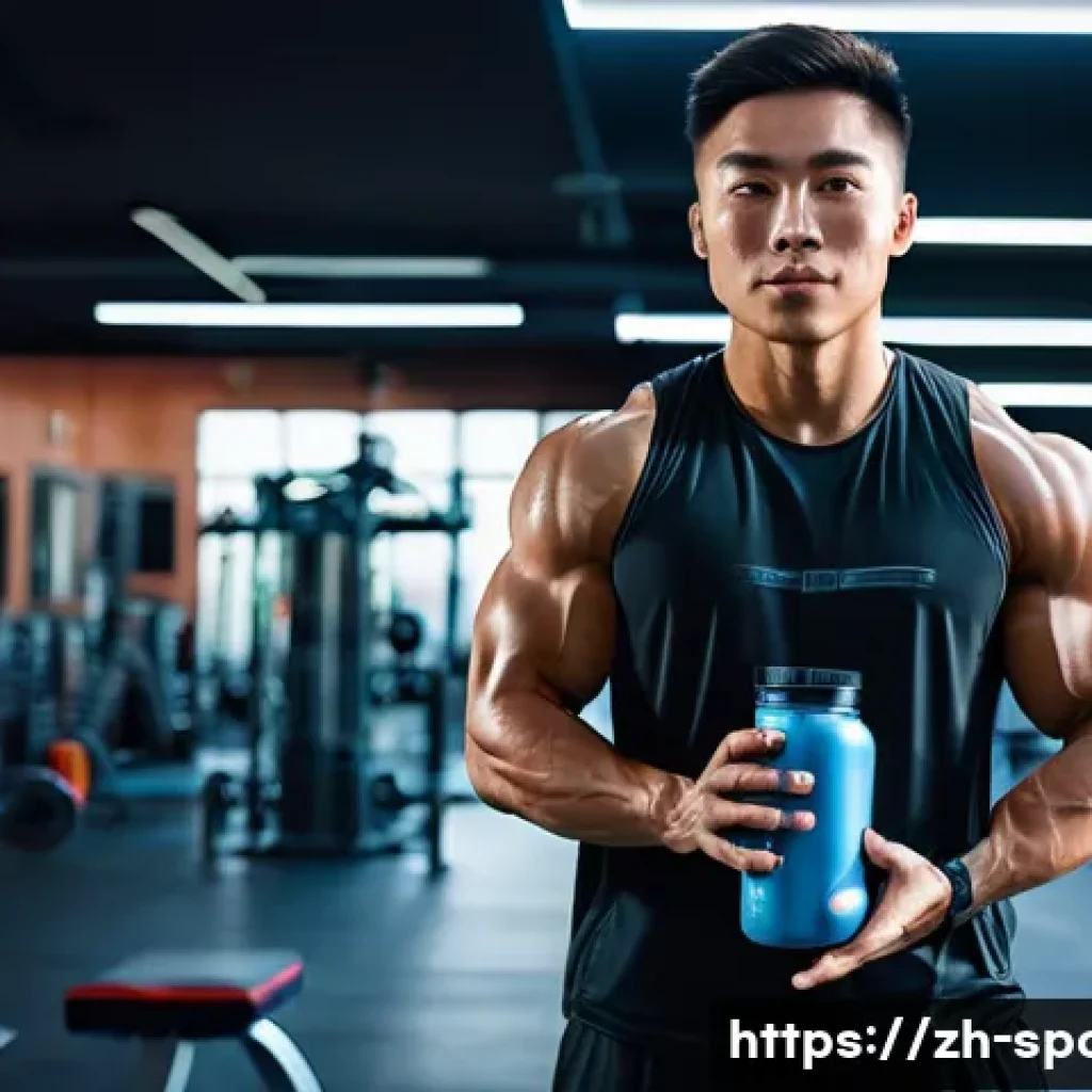 운동 후 단백질 보충 - A modern gym setting with a fit young Asian male athlete in workout attire drinking a whey protein s...