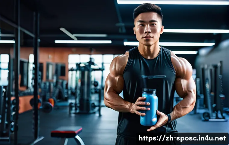 운동 후 단백질 보충 - A modern gym setting with a fit young Asian male athlete in workout attire drinking a whey protein s...
