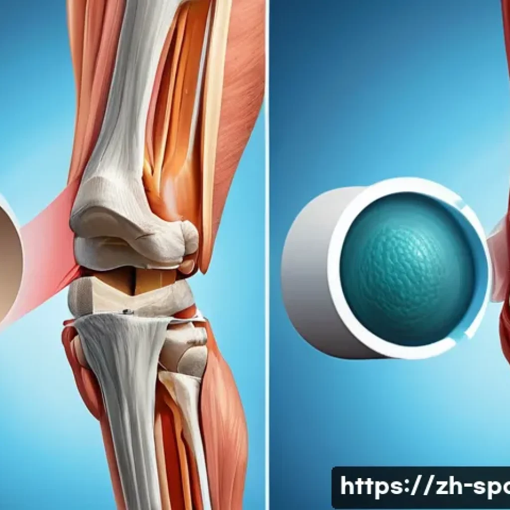 스포츠 재활 프로그램 - A detailed medical illustration of a human knee joint undergoing rehabilitation after a ligament spr...