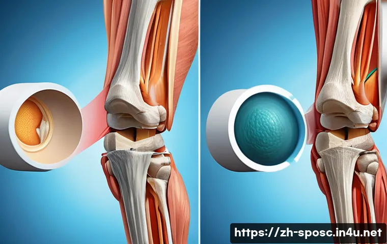 스포츠 재활 프로그램 - A detailed medical illustration of a human knee joint undergoing rehabilitation after a ligament spr...