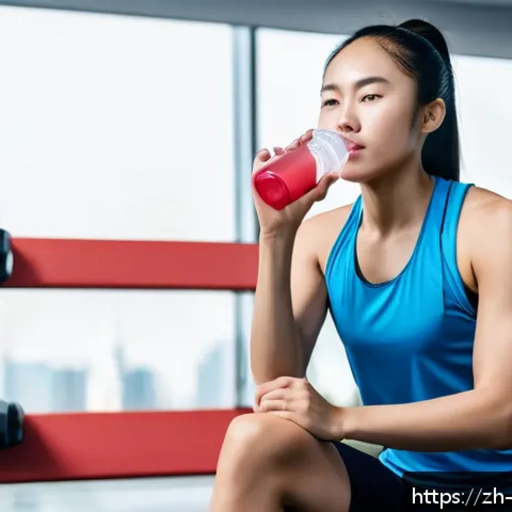 스포츠 회복 및 영양 - A dynamic scene of a young Asian athlete in modern sportswear, hydrating after intense training; she...