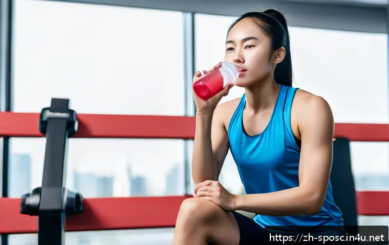 스포츠 회복 및 영양 - A dynamic scene of a young Asian athlete in modern sportswear, hydrating after intense training; she...