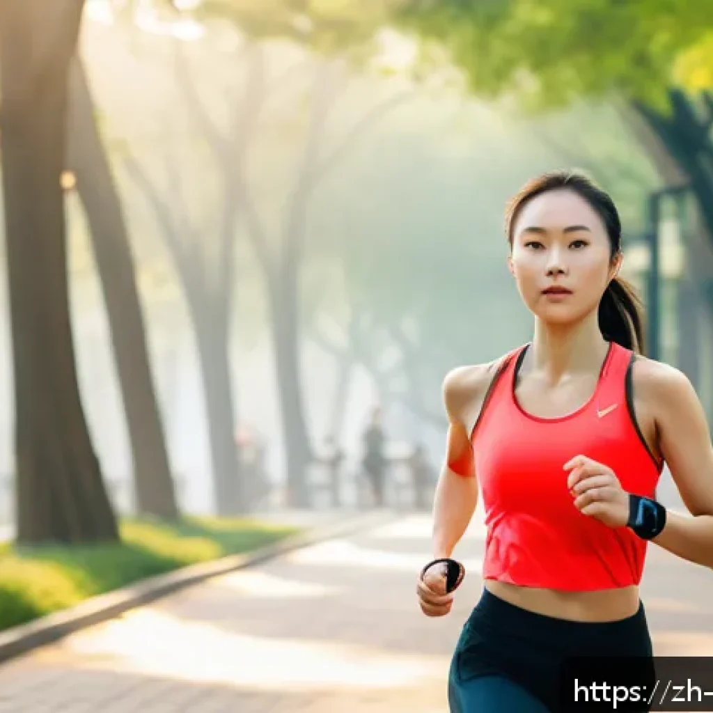 운동 적정 강도 - A modern fitness scene showing a young Chinese woman wearing breathable athletic wear and smart spor...