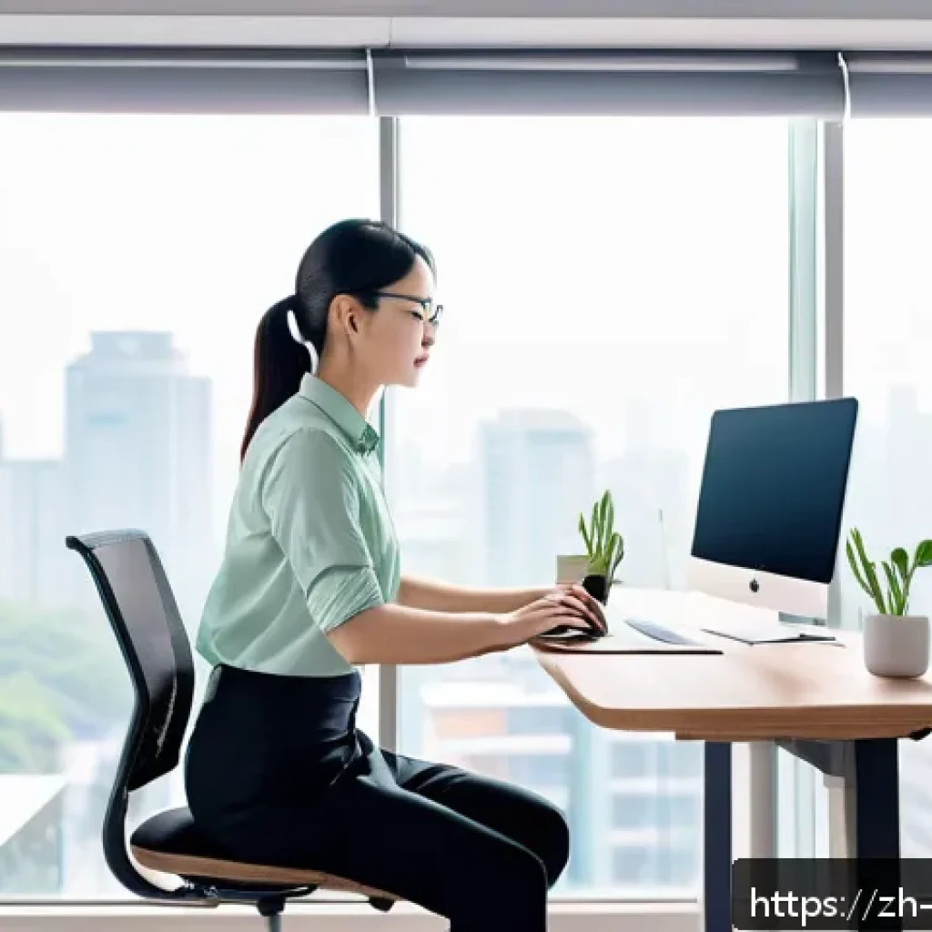 운동 부족과 건강 - An office worker sitting at a modern ergonomic desk with a height-adjustable standing desk feature, ...