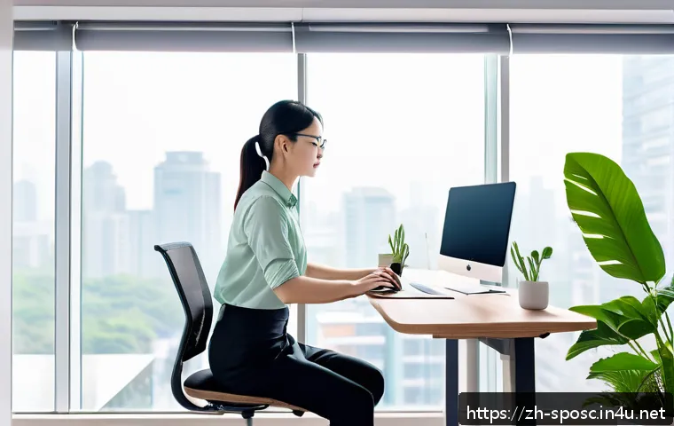 운동 부족과 건강 - An office worker sitting at a modern ergonomic desk with a height-adjustable standing desk feature, ...