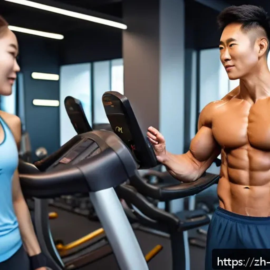 스포츠과학 자격증 - A professional fitness coach in a modern gym setting, demonstrating a scientifically designed workou...
