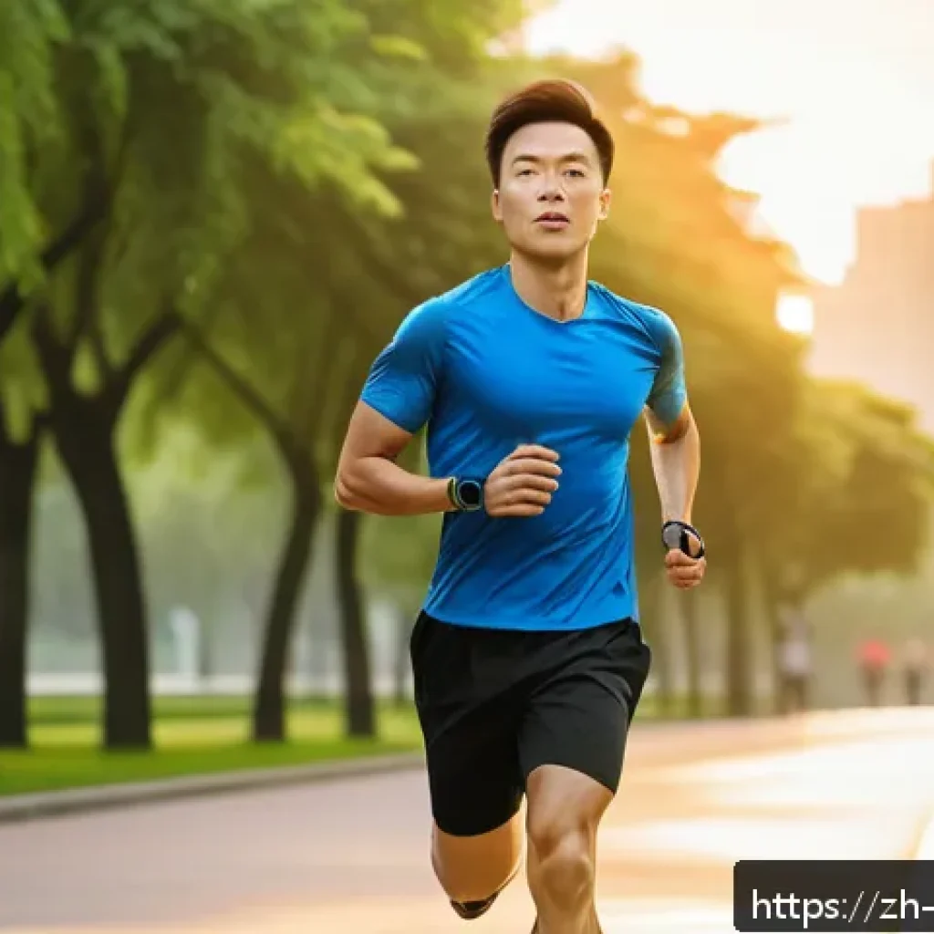 운동 기술 발전 - A modern fitness enthusiast wearing a sleek smart watch and smart wristband, jogging outdoors in an ...