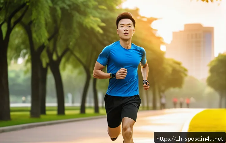 운동 기술 발전 - A modern fitness enthusiast wearing a sleek smart watch and smart wristband, jogging outdoors in an ...