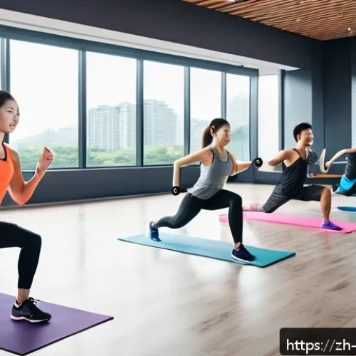 운동과 체중 관리 - A modern fitness studio scene showing a diverse group of young adults engaging in a variety of exerc...