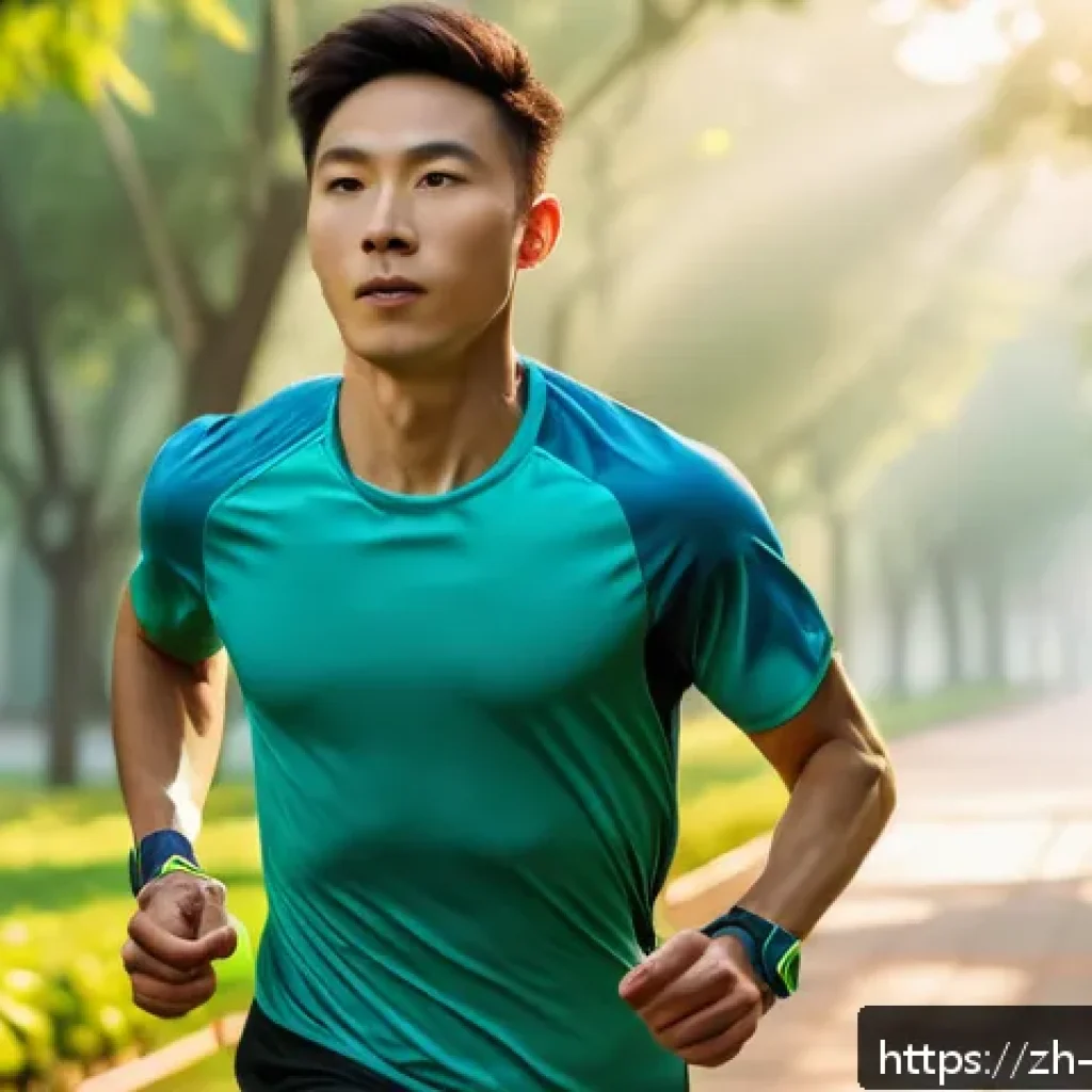 스포츠 과학 분야 - A high-tech fitness scene showing a young adult male runner wearing a sleek smart wristband and spor...