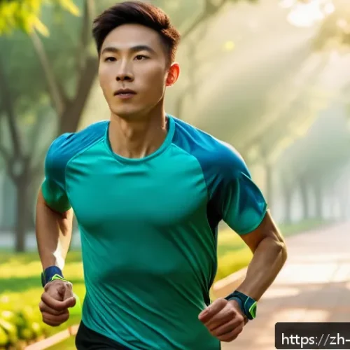 스포츠 과학 분야 - A high-tech fitness scene showing a young adult male runner wearing a sleek smart wristband and spor...