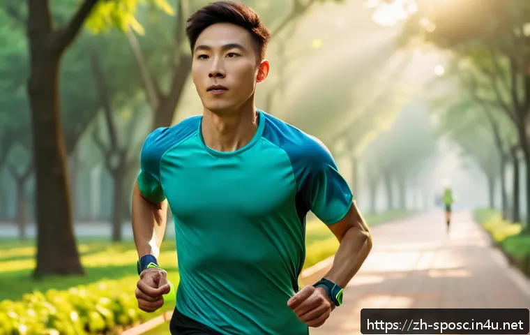 스포츠 과학 분야 - A high-tech fitness scene showing a young adult male runner wearing a sleek smart wristband and spor...