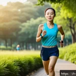 지구력 훈련 - A modern Chinese runner in a light athletic outfit with visible sports underwear, jogging on a city ...