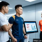 스포츠 과학 학위 - A modern sports science laboratory scene featuring a diverse group of athletes in athletic wear unde...